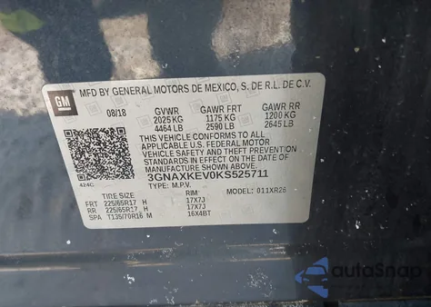 2019 Chevrolet Equinox Lt z USA, uszkodzony, nr VIN 3GNAXKEV0KS525711